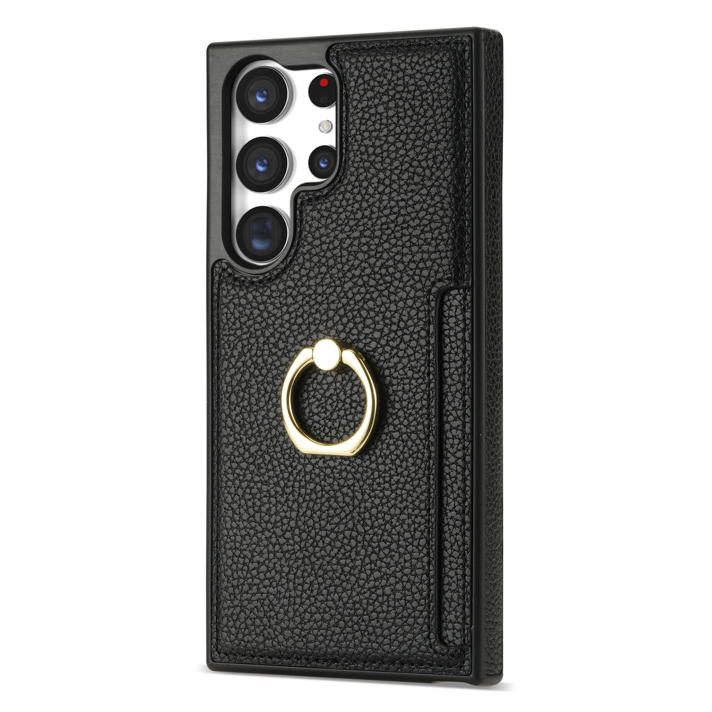 For Samsung Galaxy S24 Ultra Cell Phone Case PU Leather + TPU Ring Kickstand Cover - Black