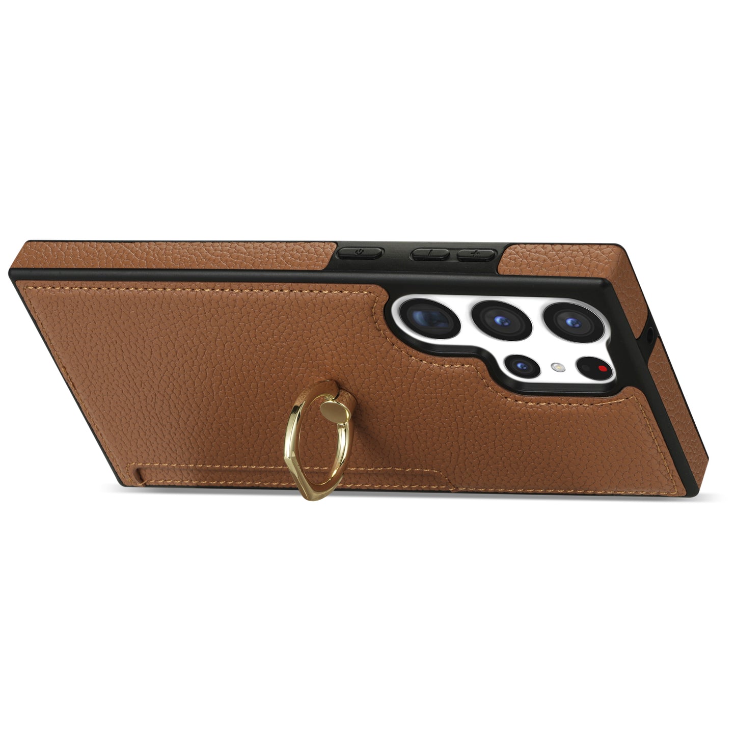 For Samsung Galaxy S24 Ultra Cell Phone Case PU Leather + TPU Ring Kickstand Cover - Brown