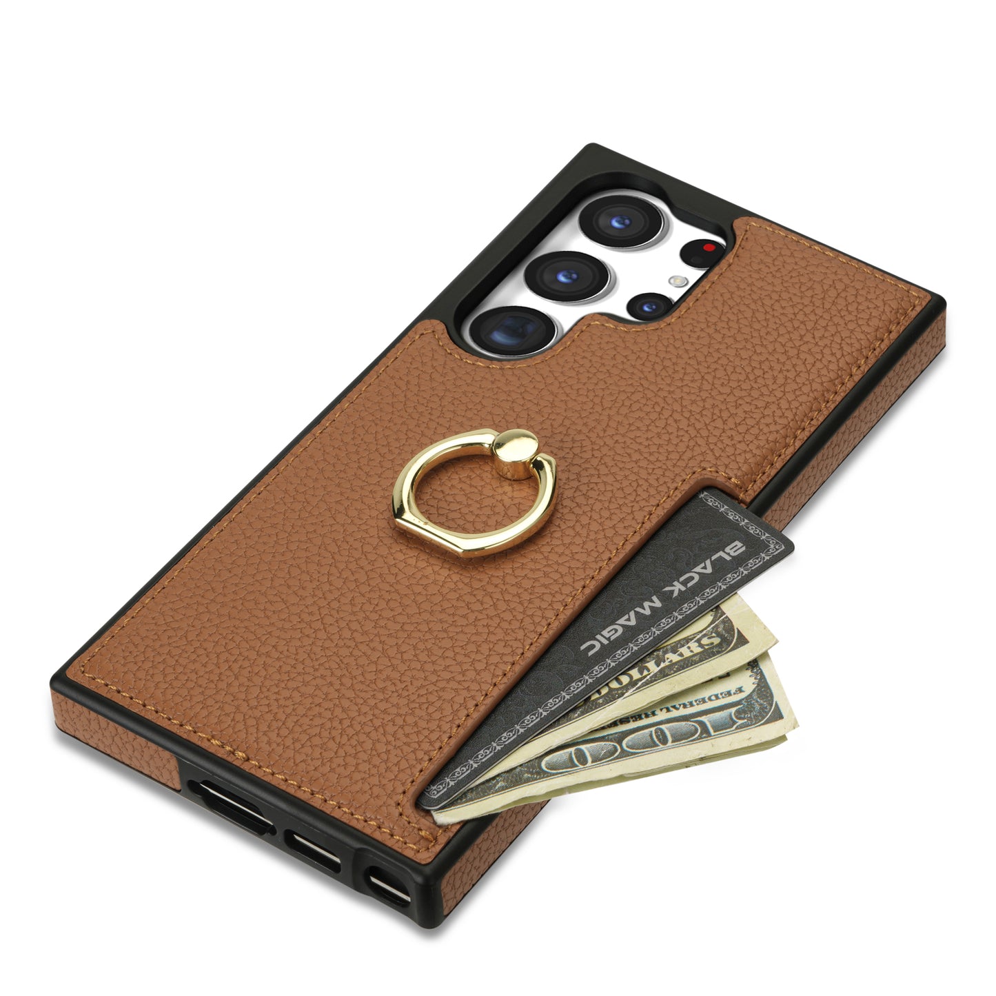 For Samsung Galaxy S24 Ultra Cell Phone Case PU Leather + TPU Ring Kickstand Cover - Brown