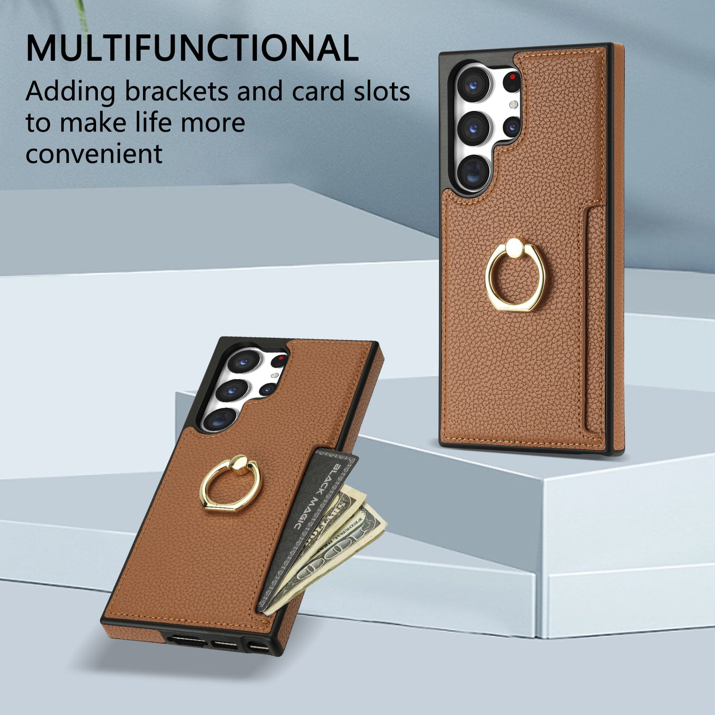 For Samsung Galaxy S24 Ultra Cell Phone Case PU Leather + TPU Ring Kickstand Cover - Brown