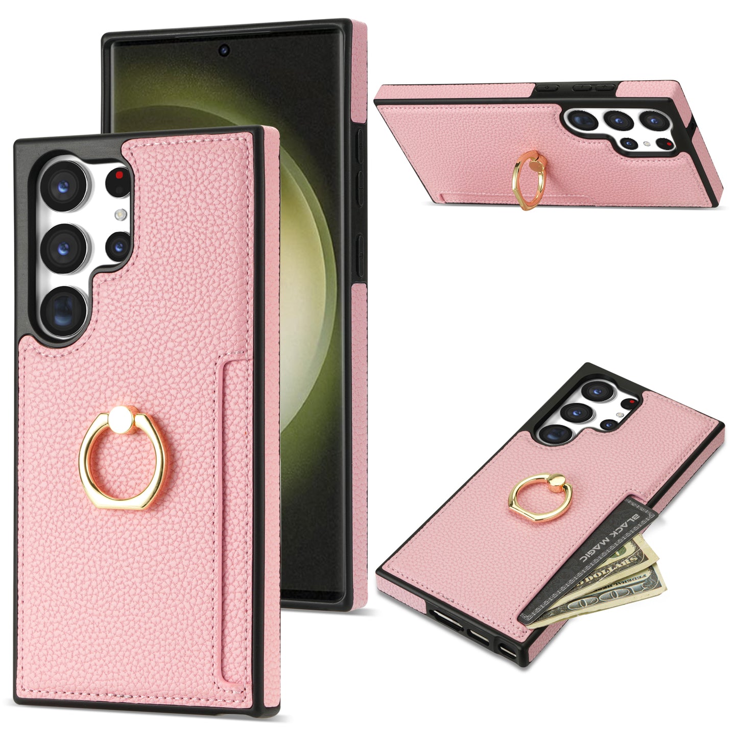 For Samsung Galaxy S24 Ultra Cell Phone Case PU Leather + TPU Ring Kickstand Cover - Pink