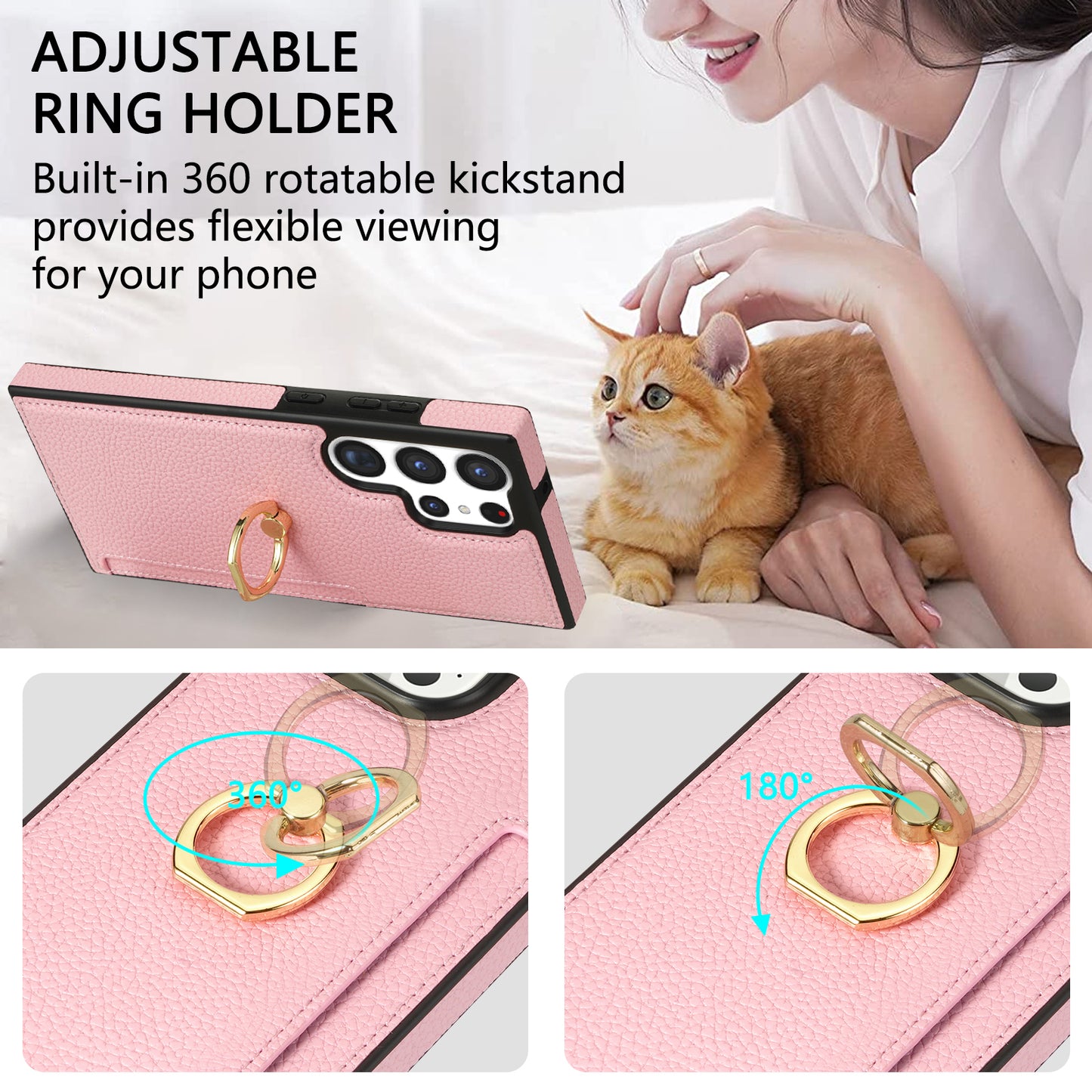 For Samsung Galaxy S24 Ultra Cell Phone Case PU Leather + TPU Ring Kickstand Cover - Pink
