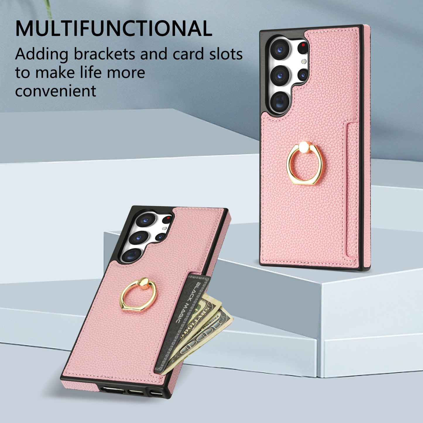For Samsung Galaxy S24 Ultra Cell Phone Case PU Leather + TPU Ring Kickstand Cover - Pink