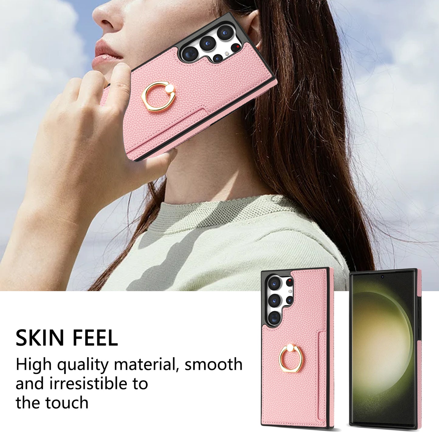 For Samsung Galaxy S24 Ultra Cell Phone Case PU Leather + TPU Ring Kickstand Cover - Pink