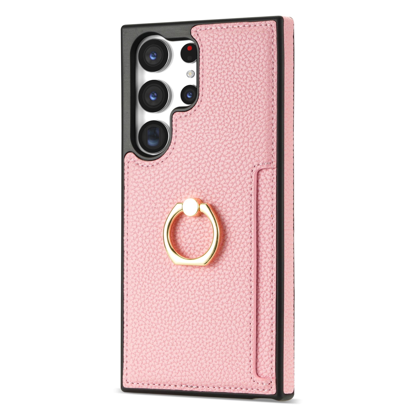 For Samsung Galaxy S24 Ultra Cell Phone Case PU Leather + TPU Ring Kickstand Cover - Pink