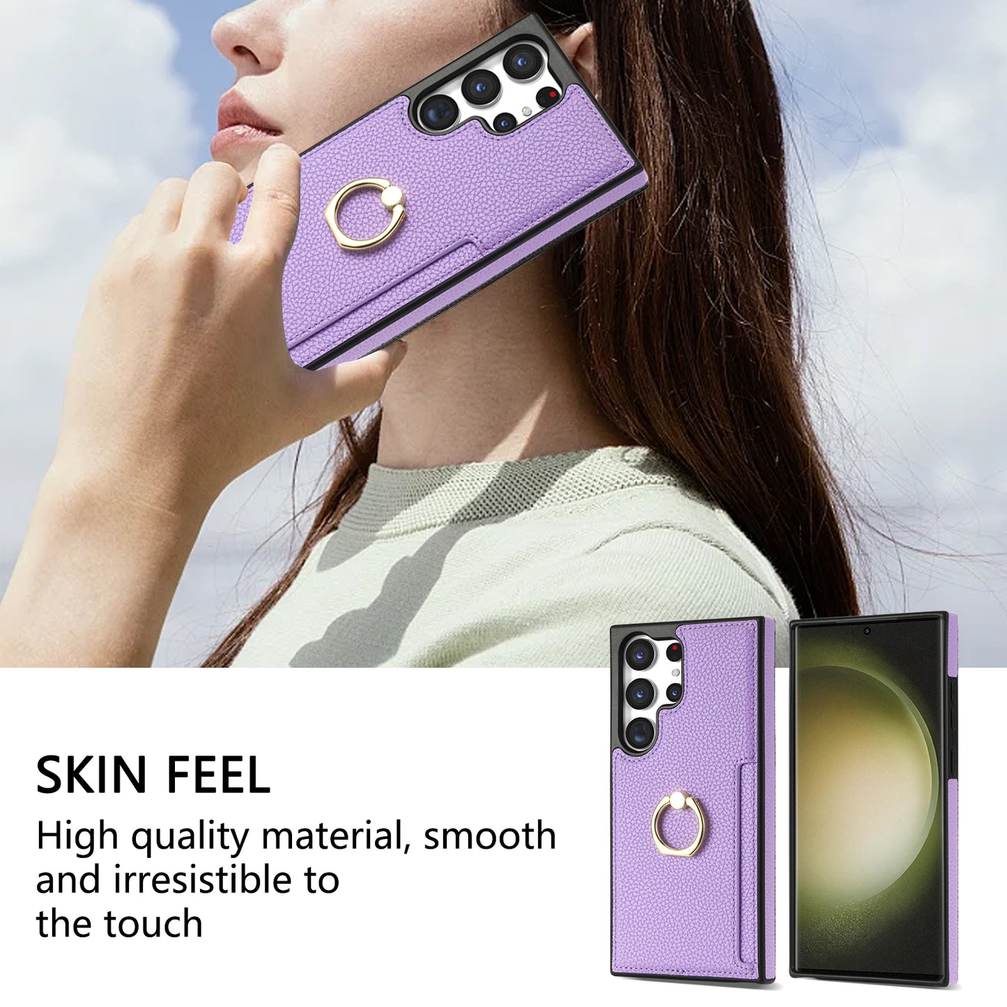 For Samsung Galaxy S24 Ultra Cell Phone Case PU Leather + TPU Ring Kickstand Cover - Purple