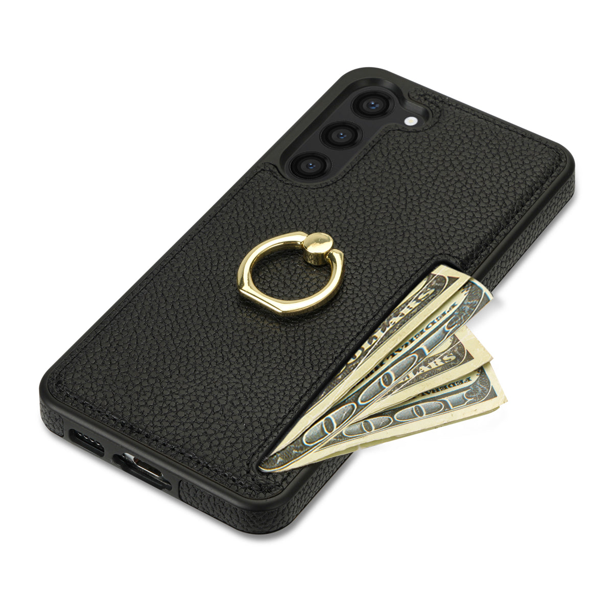 For Samsung Galaxy S24+ Cell Phone Case Card Holder Leather+TPU Ring Kickstand Cover - Black