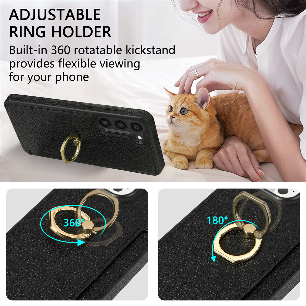 For Samsung Galaxy S24+ Cell Phone Case Card Holder Leather+TPU Ring Kickstand Cover - Black