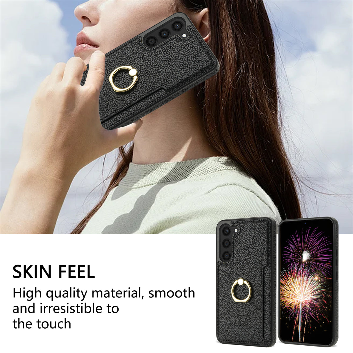For Samsung Galaxy S24+ Cell Phone Case Card Holder Leather+TPU Ring Kickstand Cover - Black