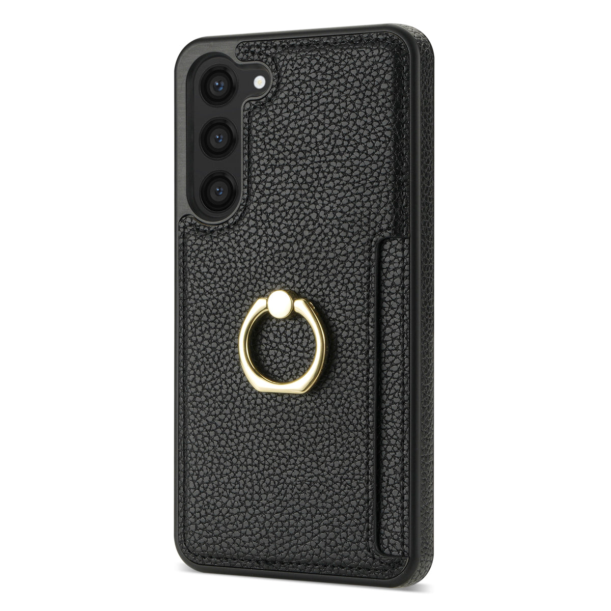 For Samsung Galaxy S24+ Cell Phone Case Card Holder Leather+TPU Ring Kickstand Cover - Black