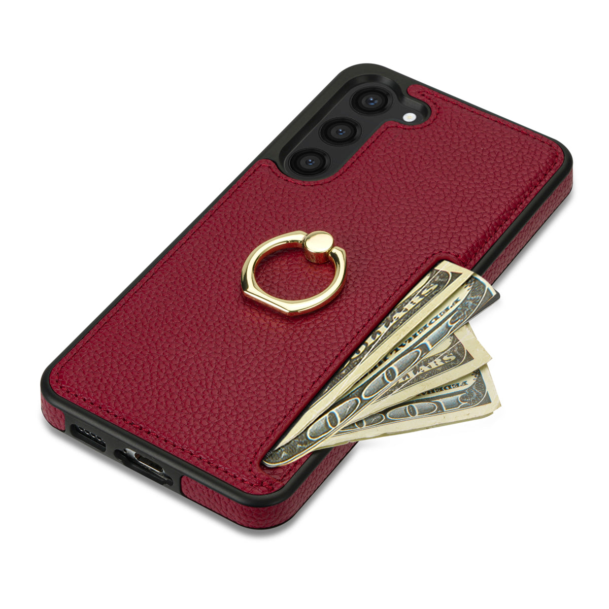For Samsung Galaxy S24+ Cell Phone Case Card Holder Leather+TPU Ring Kickstand Cover - Red