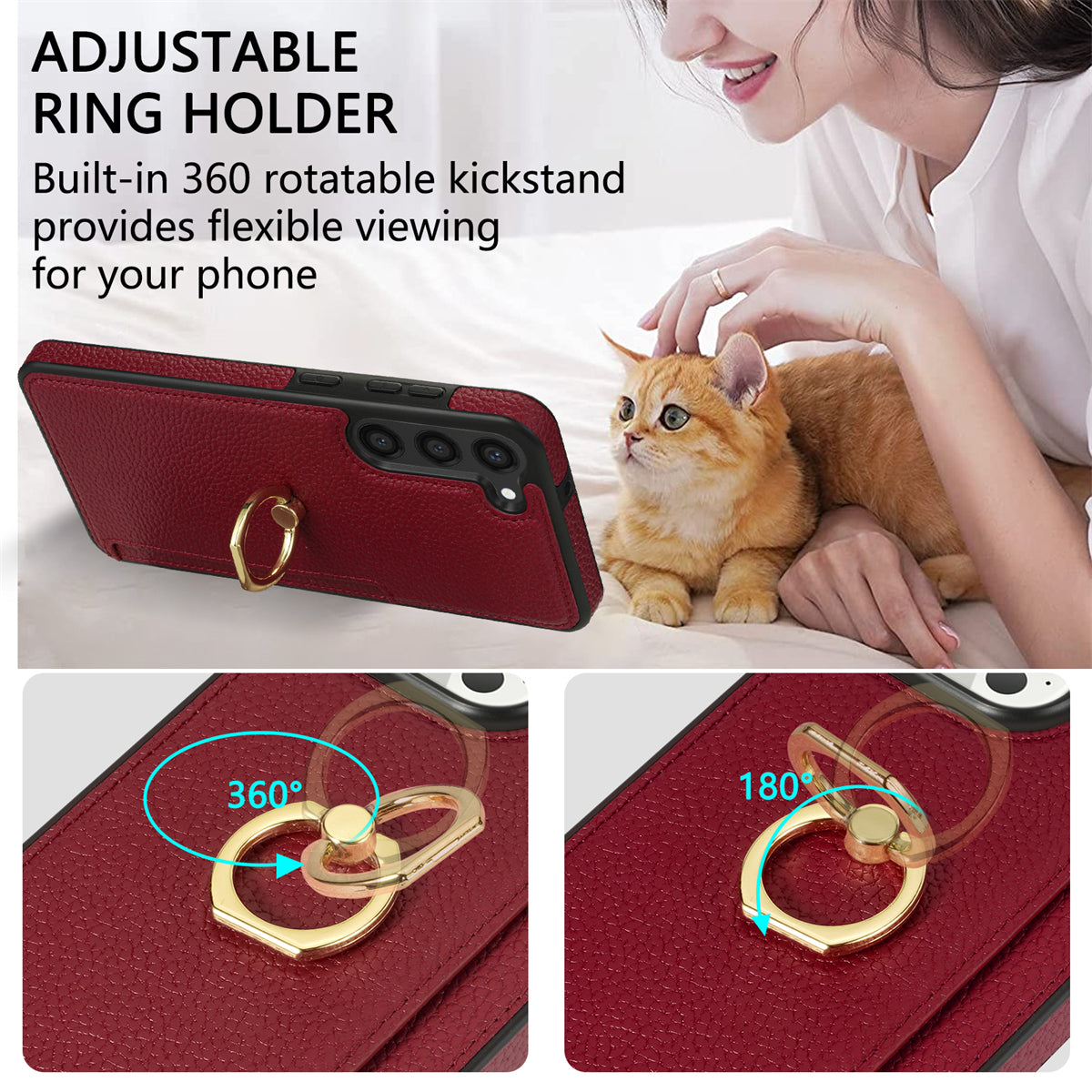 For Samsung Galaxy S24+ Cell Phone Case Card Holder Leather+TPU Ring Kickstand Cover - Red