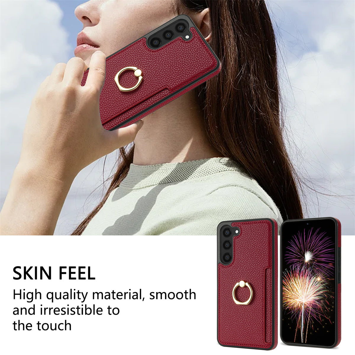 For Samsung Galaxy S24+ Cell Phone Case Card Holder Leather+TPU Ring Kickstand Cover - Red