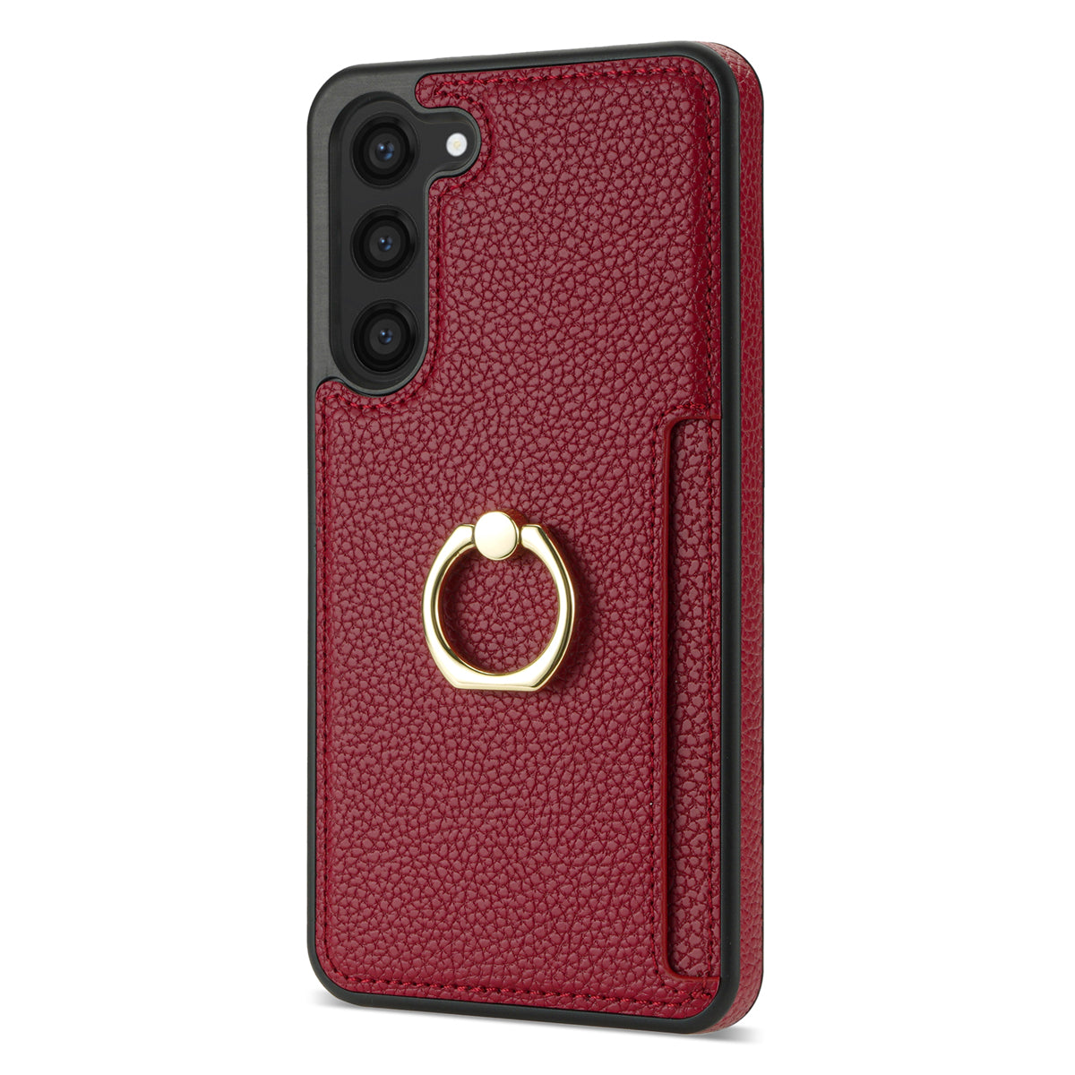 For Samsung Galaxy S24+ Cell Phone Case Card Holder Leather+TPU Ring Kickstand Cover - Red