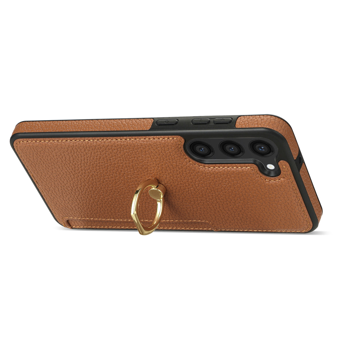 For Samsung Galaxy S24+ Cell Phone Case Card Holder Leather+TPU Ring Kickstand Cover - Brown