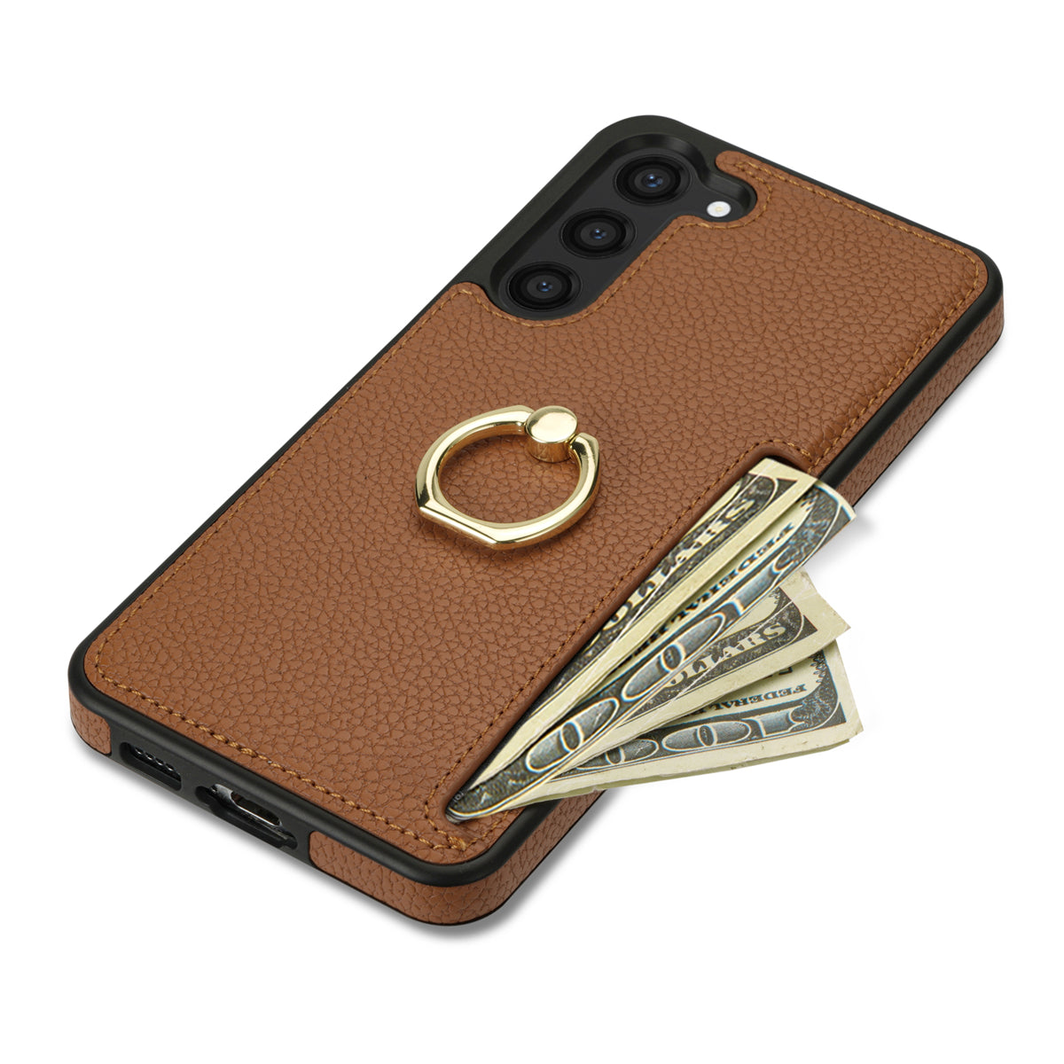 For Samsung Galaxy S24+ Cell Phone Case Card Holder Leather+TPU Ring Kickstand Cover - Brown