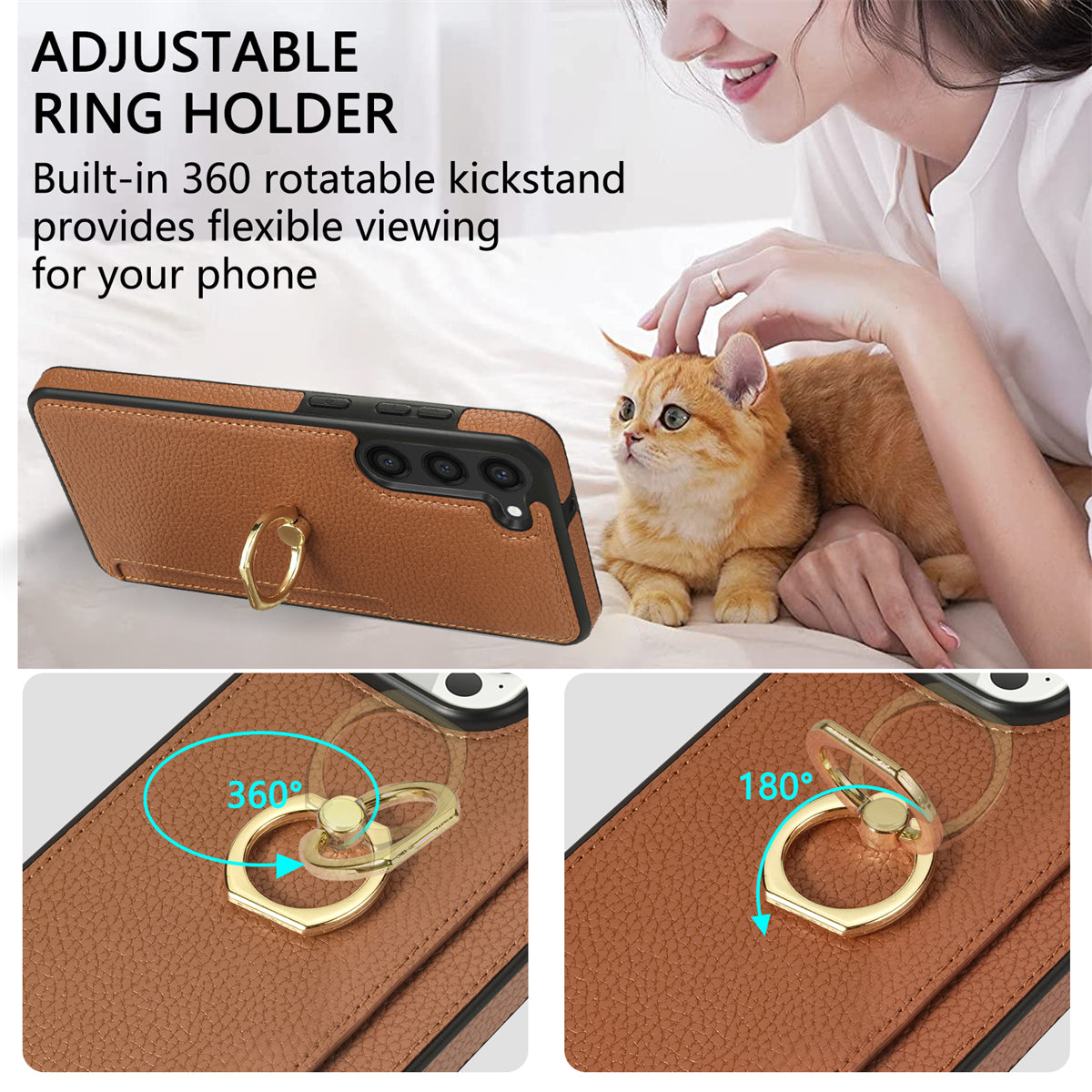 For Samsung Galaxy S24+ Cell Phone Case Card Holder Leather+TPU Ring Kickstand Cover - Brown