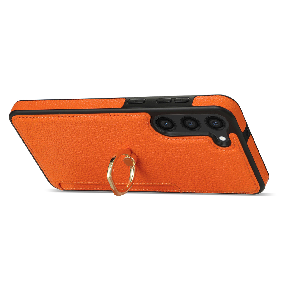 For Samsung Galaxy S24+ Cell Phone Case Card Holder Leather+TPU Ring Kickstand Cover - Orange
