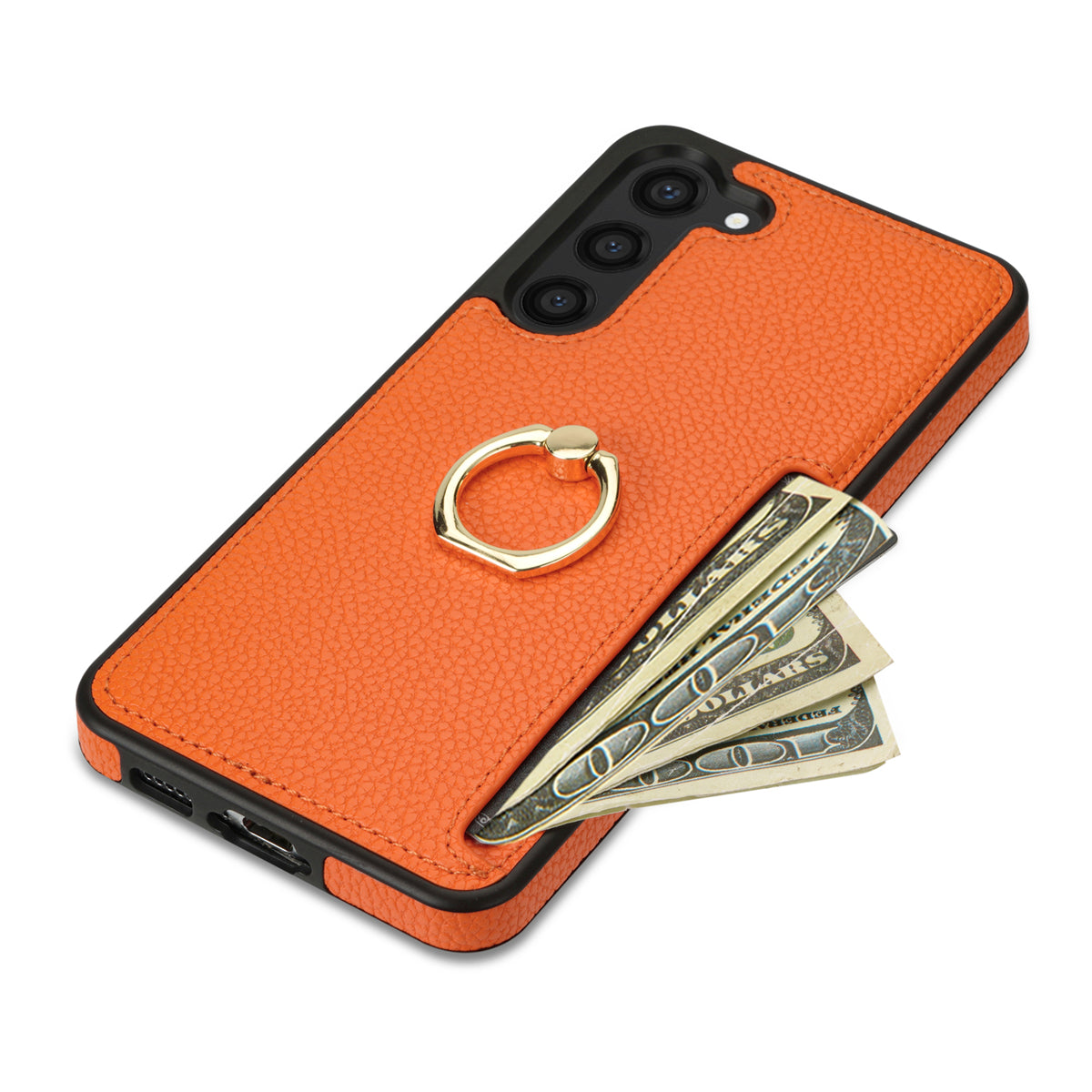 For Samsung Galaxy S24+ Cell Phone Case Card Holder Leather+TPU Ring Kickstand Cover - Orange