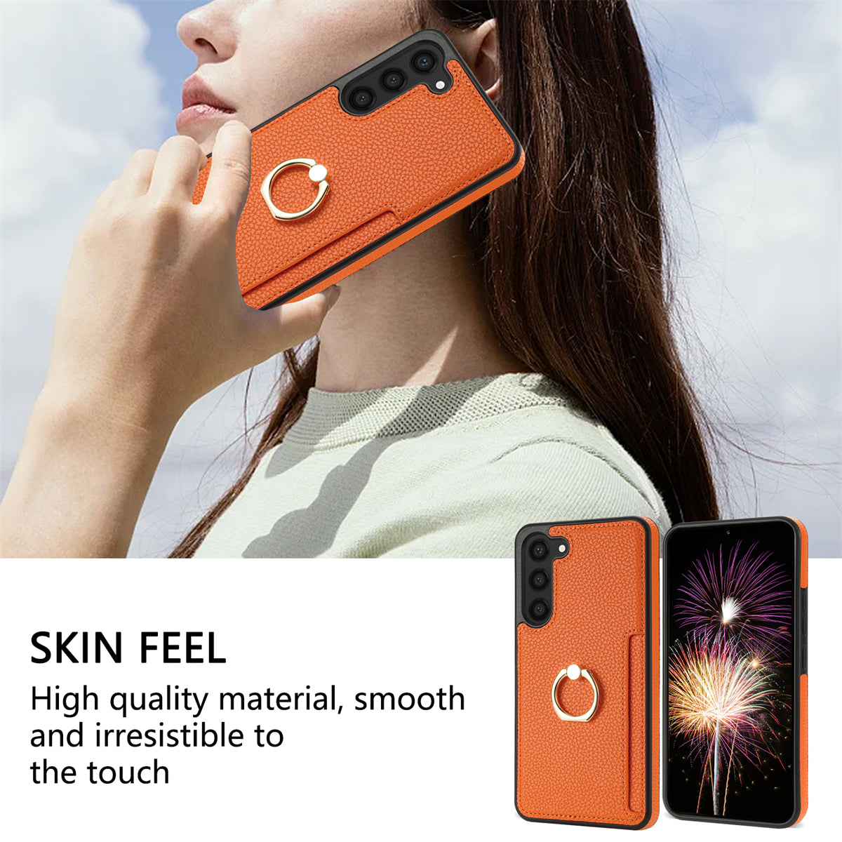 For Samsung Galaxy S24+ Cell Phone Case Card Holder Leather+TPU Ring Kickstand Cover - Orange