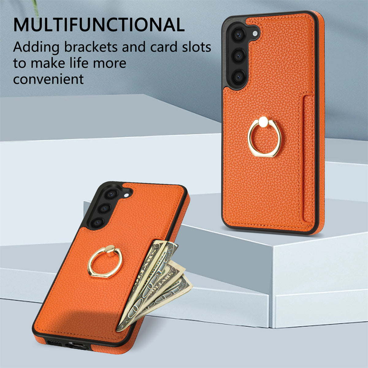 For Samsung Galaxy S24+ Cell Phone Case Card Holder Leather+TPU Ring Kickstand Cover - Orange