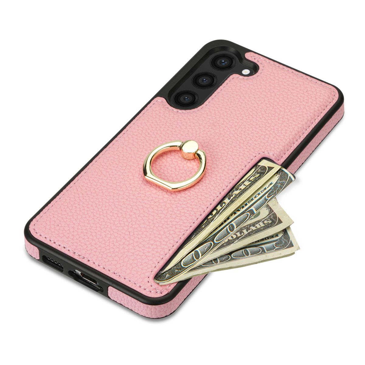 For Samsung Galaxy S24+ Cell Phone Case Card Holder Leather+TPU Ring Kickstand Cover - Pink