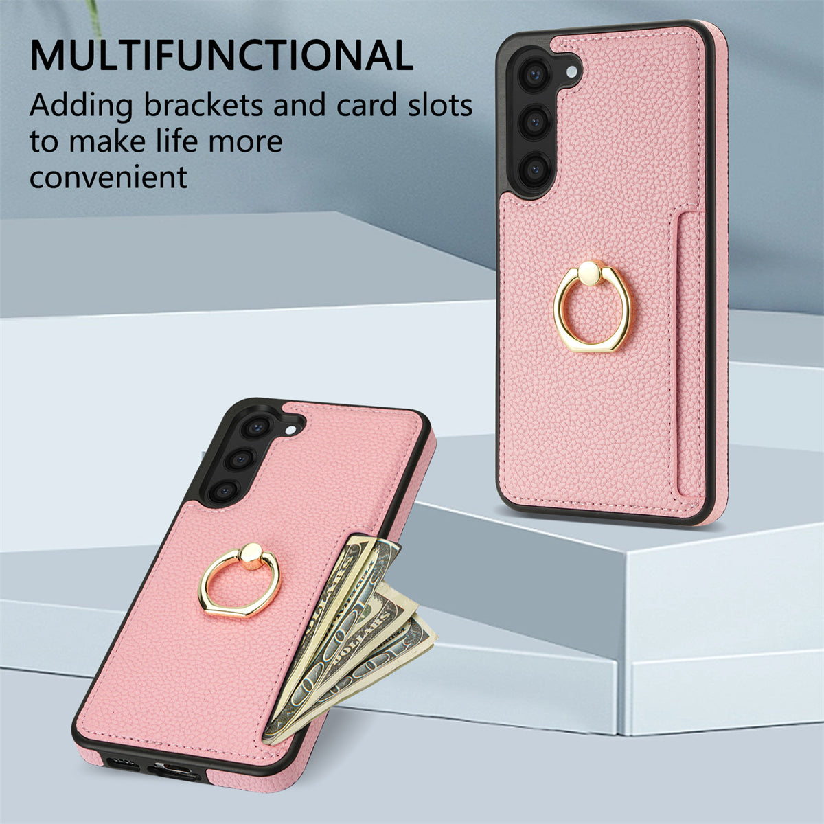 For Samsung Galaxy S24+ Cell Phone Case Card Holder Leather+TPU Ring Kickstand Cover - Pink