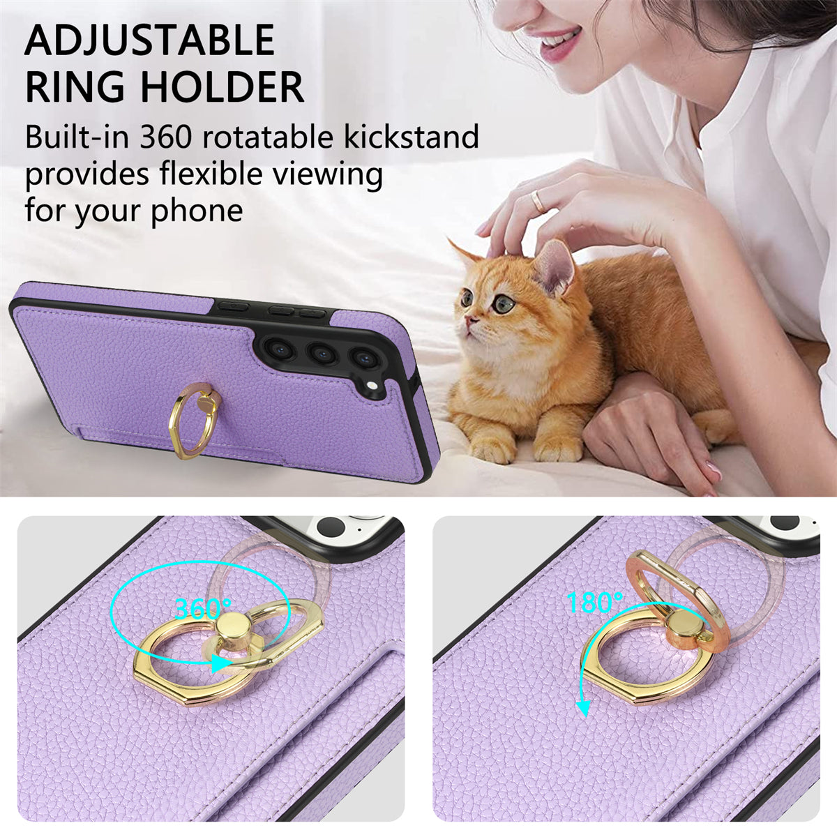 For Samsung Galaxy S24+ Cell Phone Case Card Holder Leather+TPU Ring Kickstand Cover - Purple