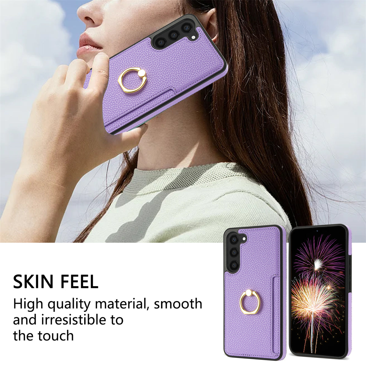 For Samsung Galaxy S24+ Cell Phone Case Card Holder Leather+TPU Ring Kickstand Cover - Purple