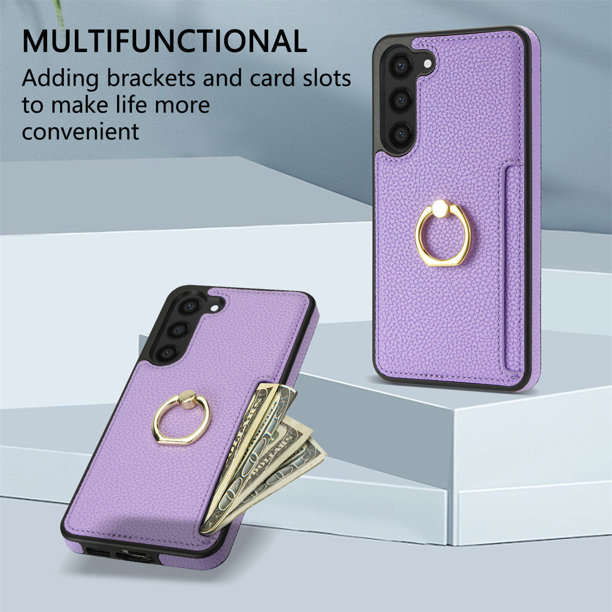 For Samsung Galaxy S24+ Cell Phone Case Card Holder Leather+TPU Ring Kickstand Cover - Purple