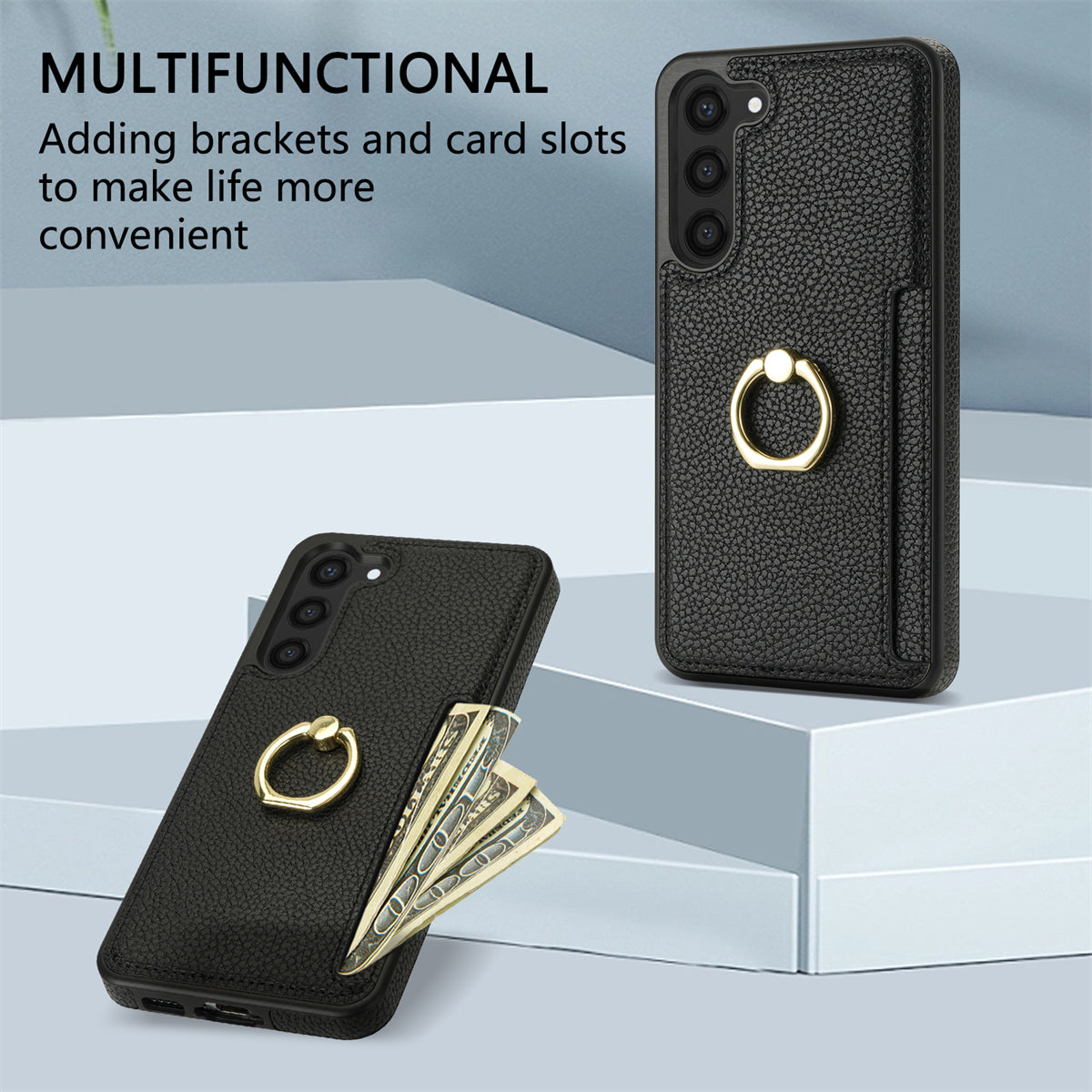 For Samsung Galaxy S24 Cell Phone Case PU Leather + TPU Card Holder Cover with Kickstand - Black