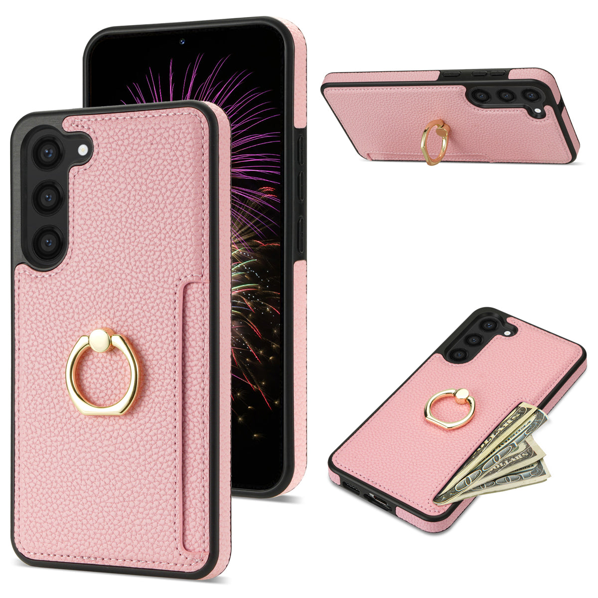 For Samsung Galaxy S24 Cell Phone Case PU Leather + TPU Card Holder Cover with Kickstand - Pink