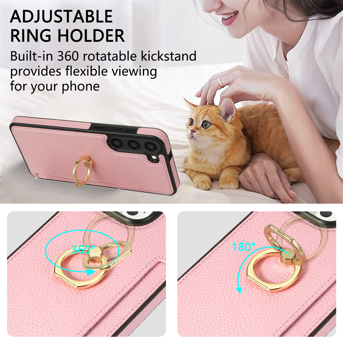 For Samsung Galaxy S24 Cell Phone Case PU Leather + TPU Card Holder Cover with Kickstand - Pink