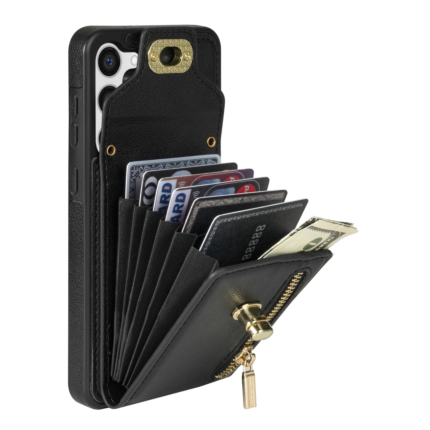 For Samsung Galaxy S24 Case Zipper Pocket Card Slots Leather Coated TPU Phone Cover - Black