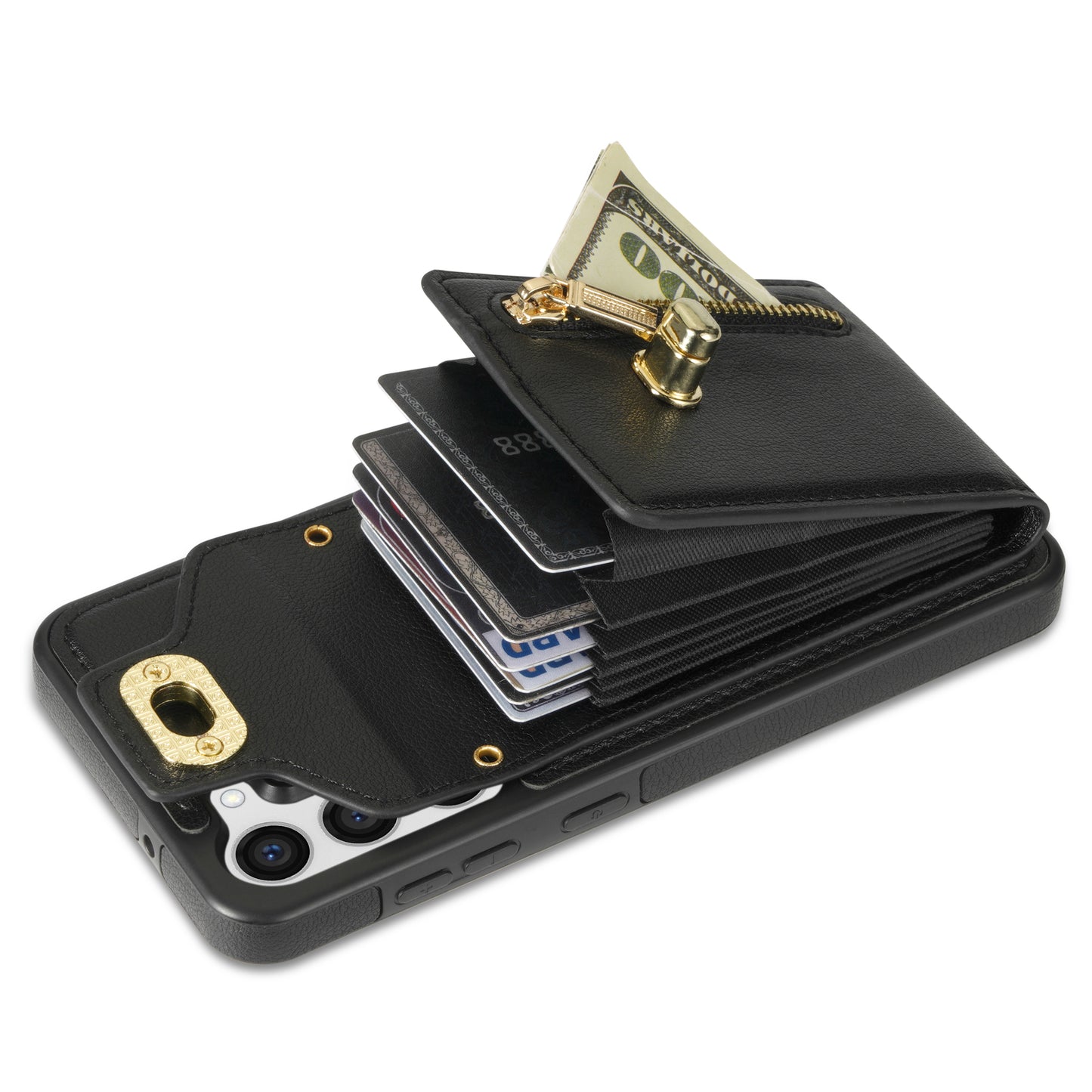 For Samsung Galaxy S24 Case Zipper Pocket Card Slots Leather Coated TPU Phone Cover - Black