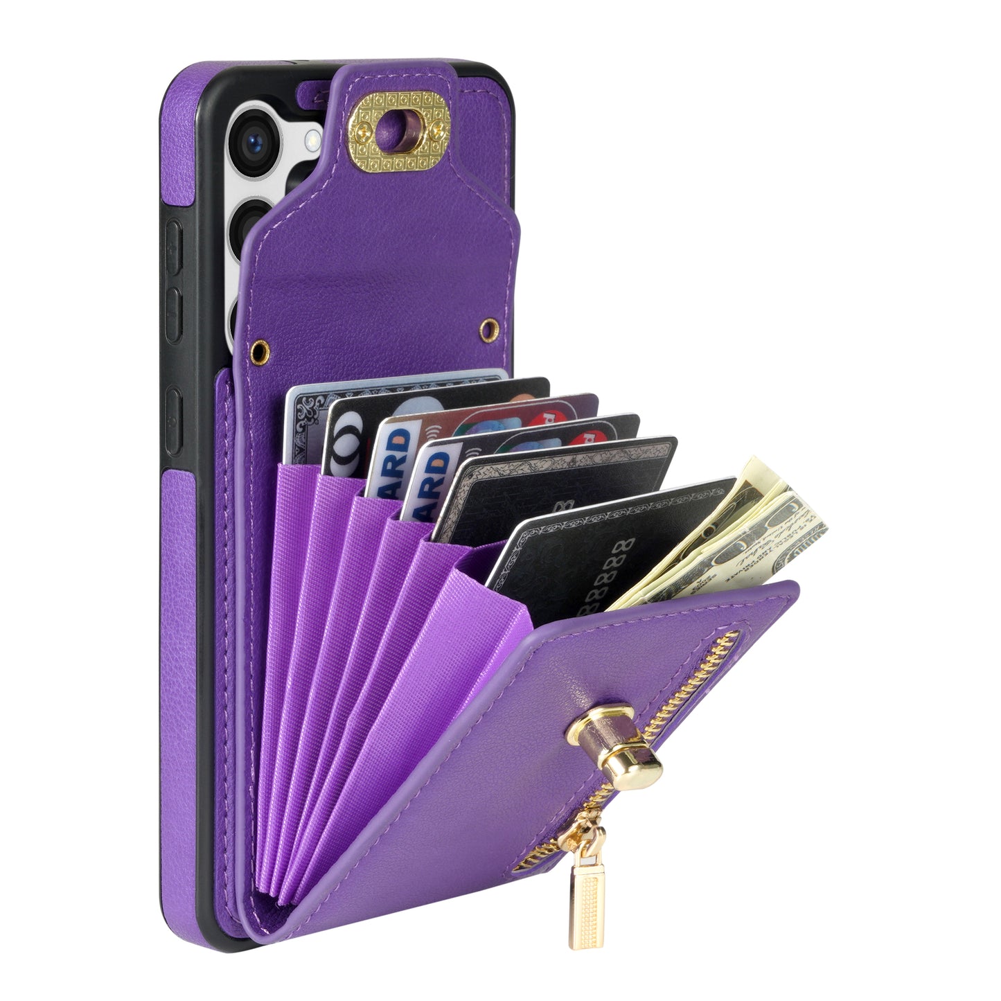 For Samsung Galaxy S24 Case Zipper Pocket Card Slots Leather Coated TPU Phone Cover - Purple