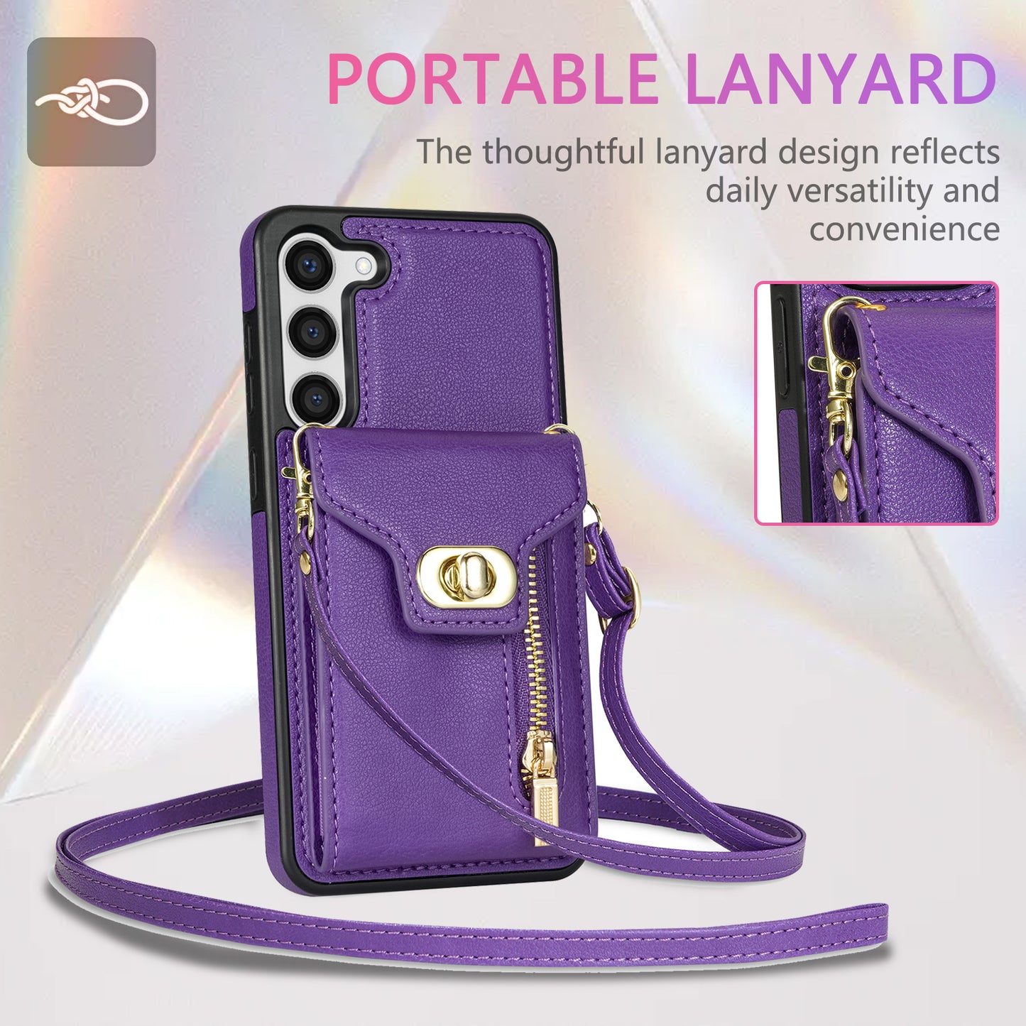 For Samsung Galaxy S24 Case Zipper Pocket Card Slots Leather Coated TPU Phone Cover - Purple