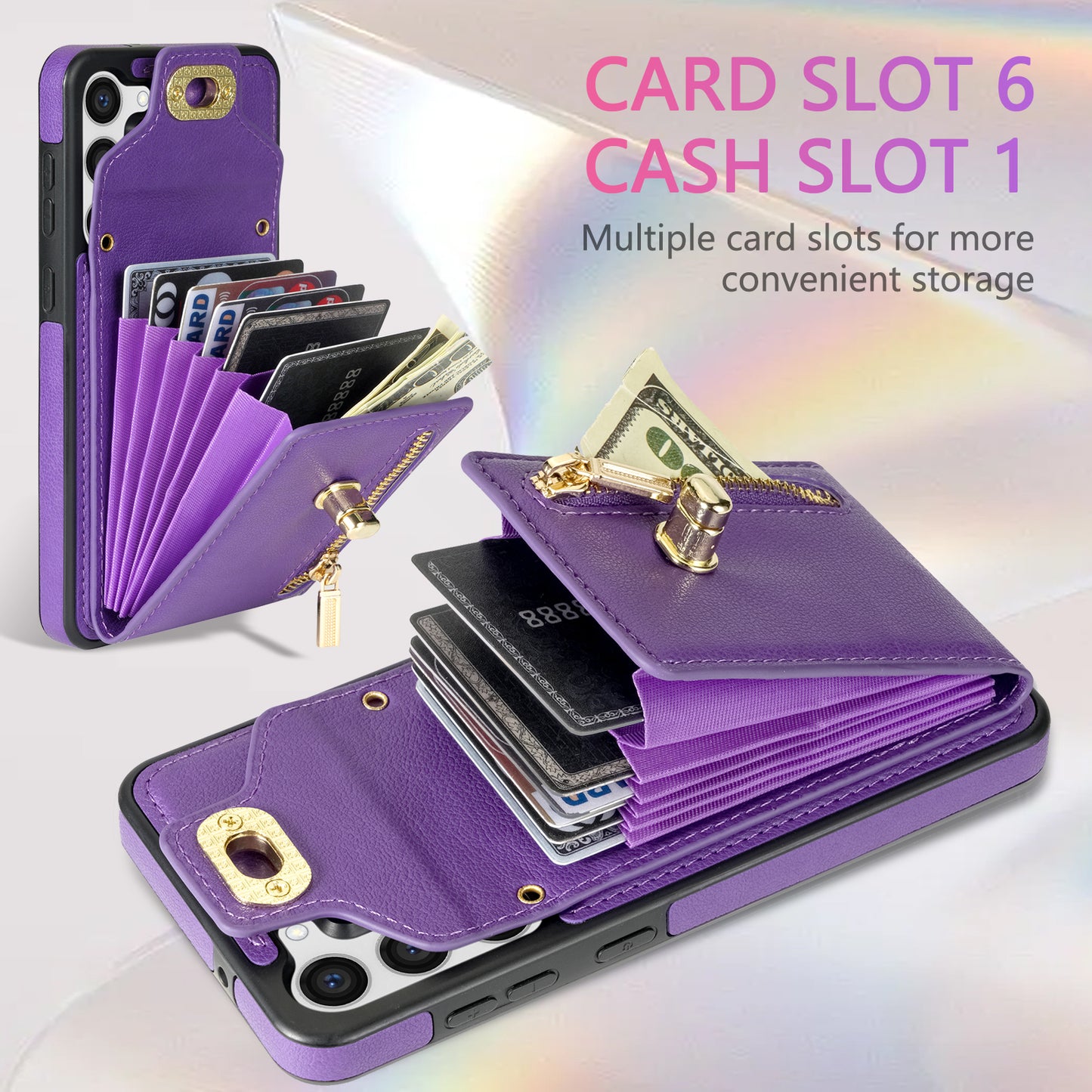 For Samsung Galaxy S24 Case Zipper Pocket Card Slots Leather Coated TPU Phone Cover - Purple