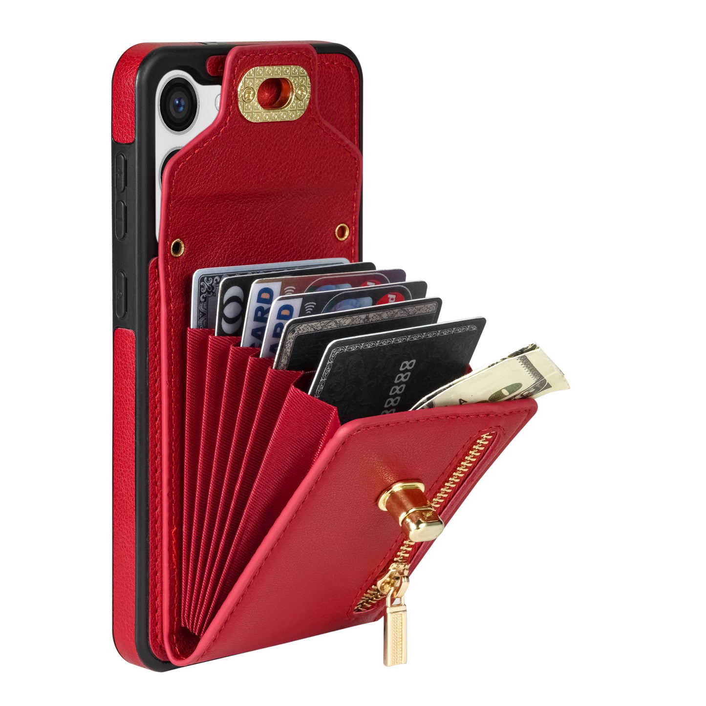 For Samsung Galaxy S24 Case Zipper Pocket Card Slots Leather Coated TPU Phone Cover - Red