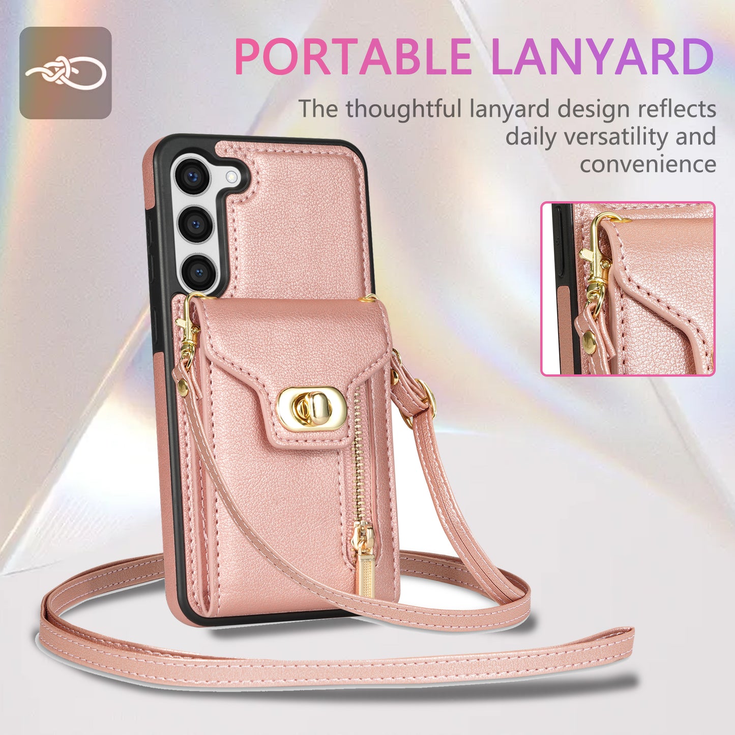 For Samsung Galaxy S24 Case Zipper Pocket Card Slots Leather Coated TPU Phone Cover - Pink