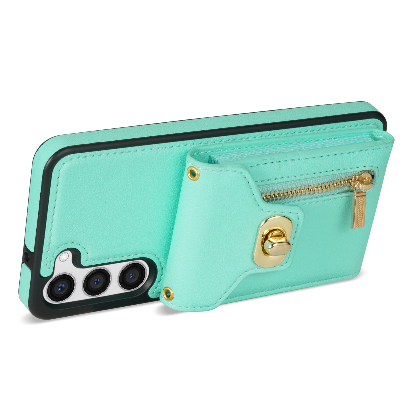 For Samsung Galaxy S24 Case Zipper Pocket Card Slots Leather Coated TPU Phone Cover - Green