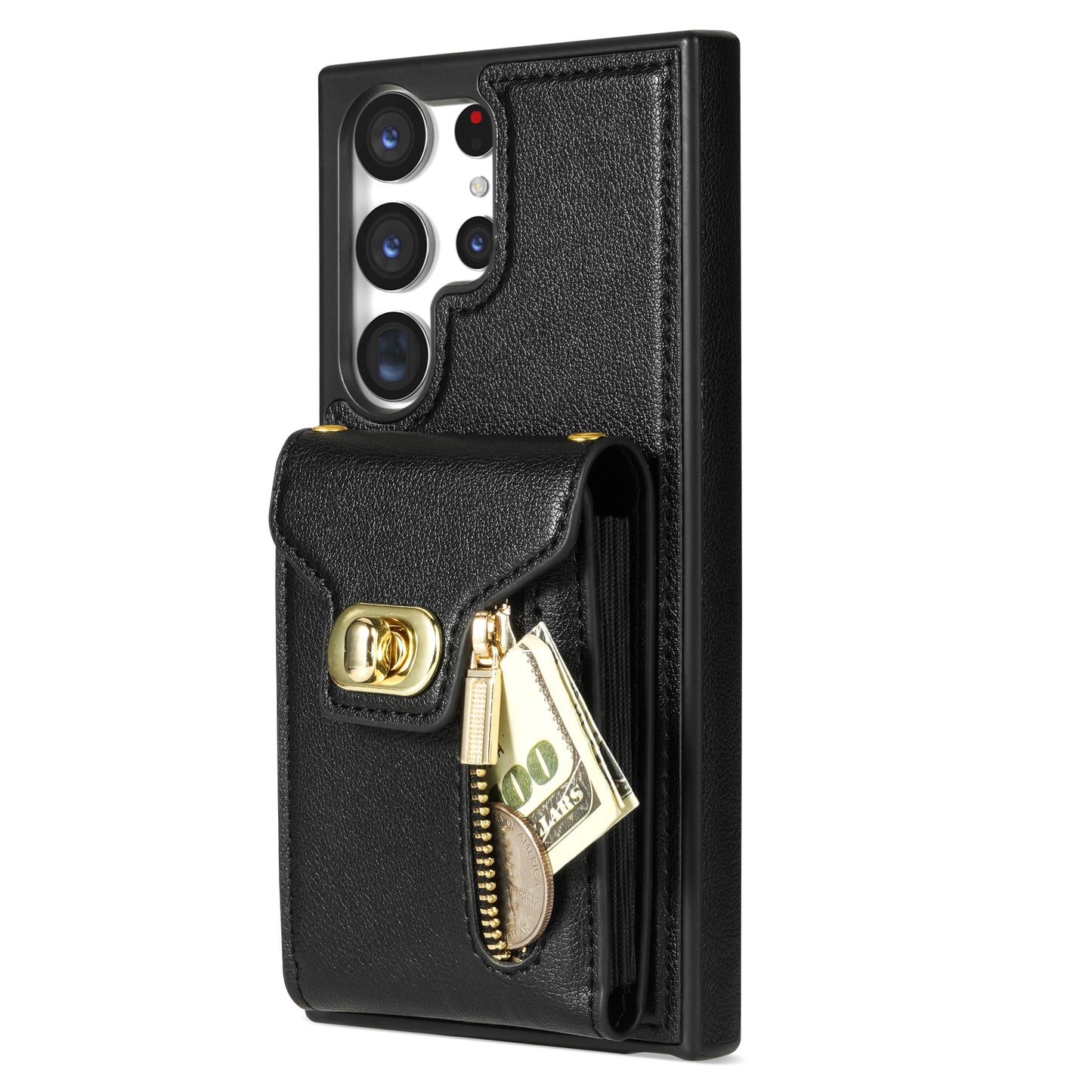 For Samsung Galaxy S24 Ultra Leather Coated TPU Cover Zipper Pocket Card Slots Phone Case with Kickstand - Black