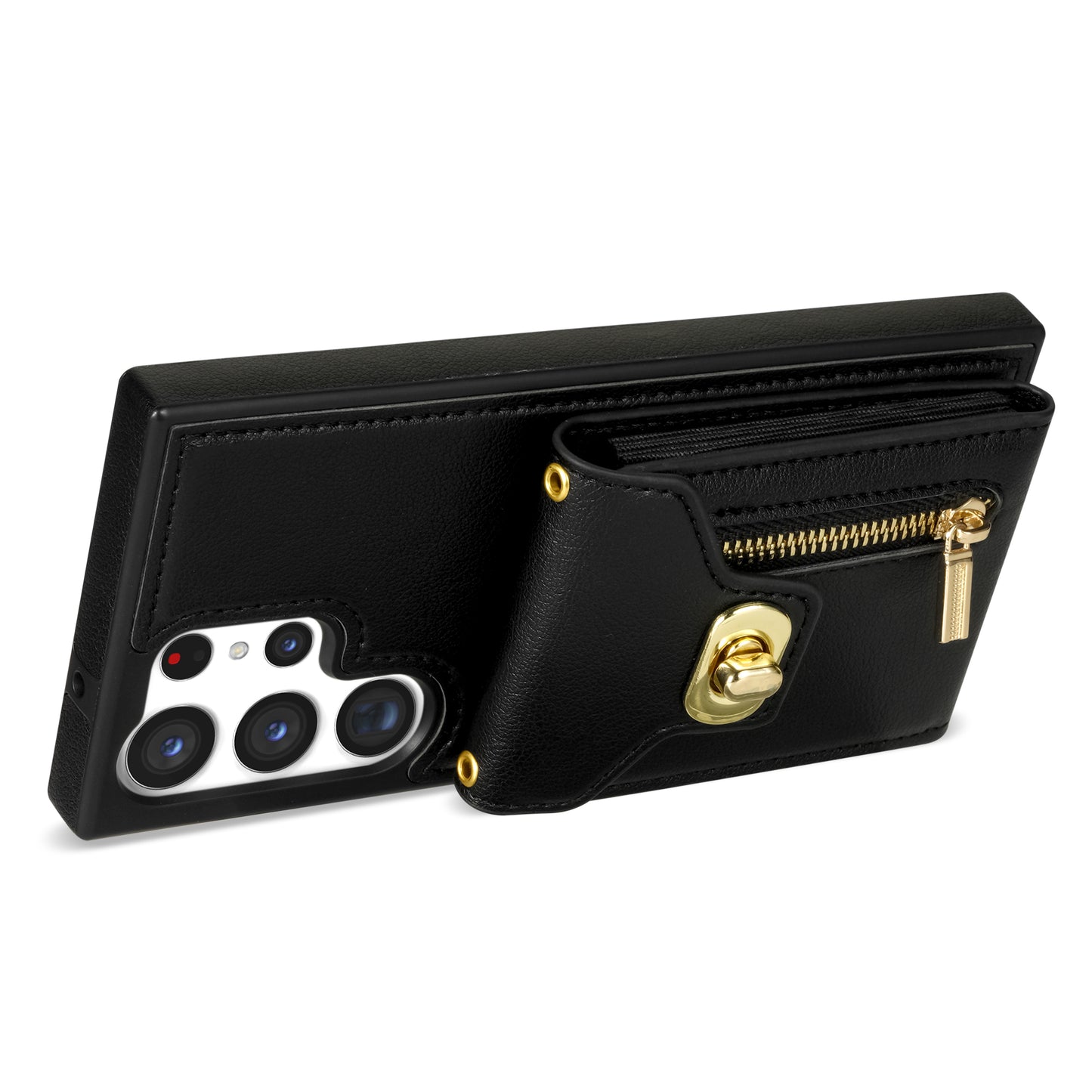 For Samsung Galaxy S24 Ultra Leather Coated TPU Cover Zipper Pocket Card Slots Phone Case with Kickstand - Black