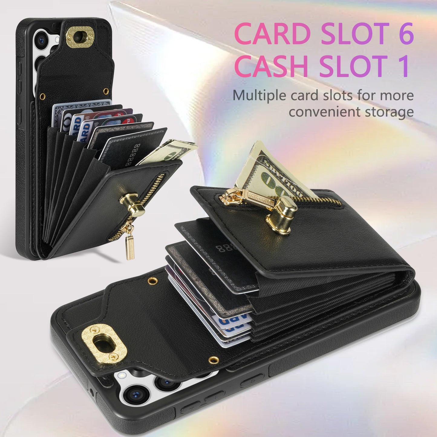 For Samsung Galaxy S24 Ultra Leather Coated TPU Cover Zipper Pocket Card Slots Phone Case with Kickstand - Black