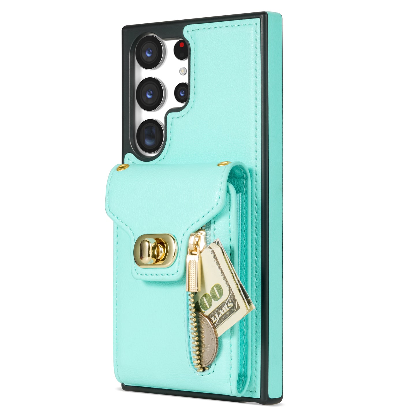 For Samsung Galaxy S24 Ultra Leather Coated TPU Cover Zipper Pocket Card Slots Phone Case with Kickstand - Green