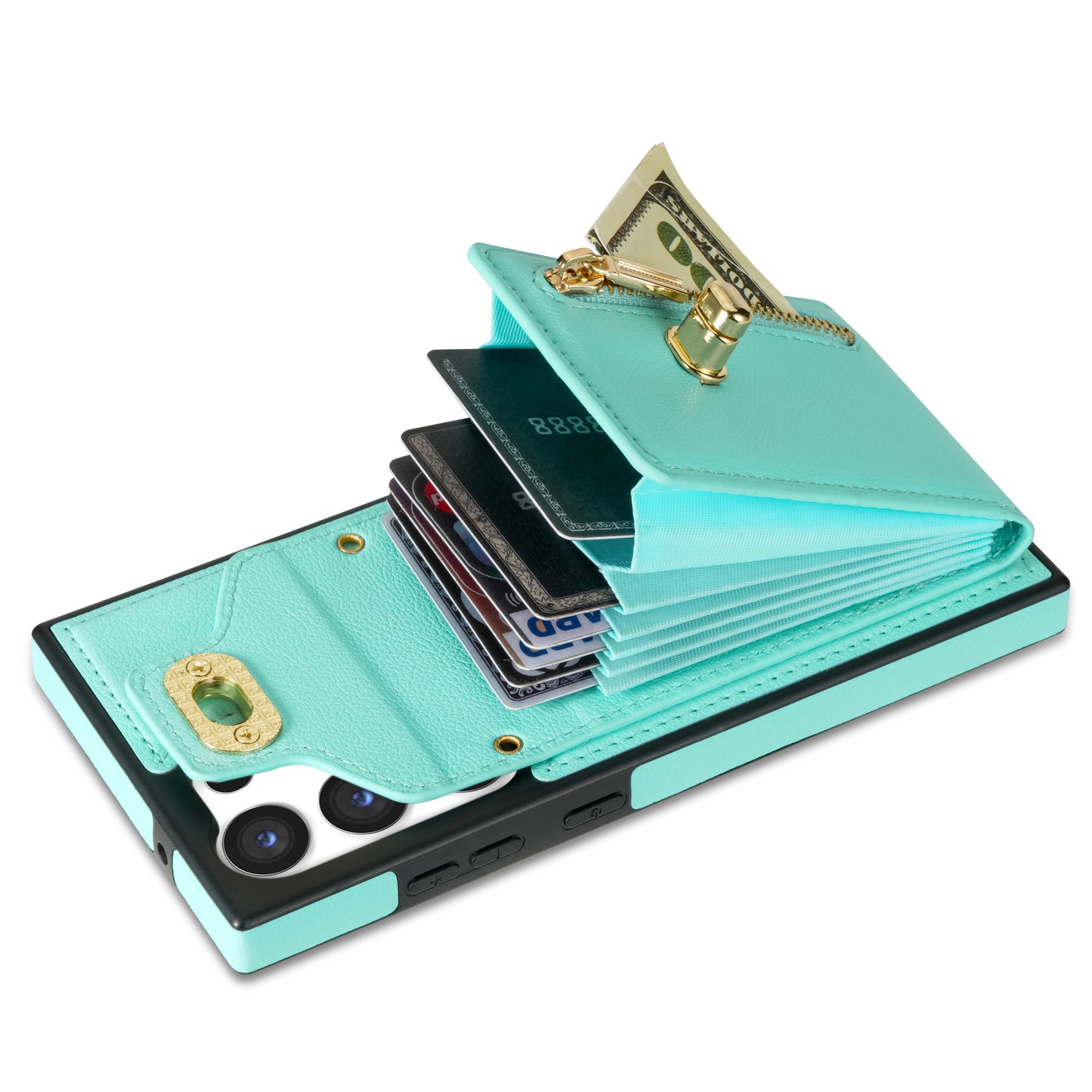 For Samsung Galaxy S24 Ultra Leather Coated TPU Cover Zipper Pocket Card Slots Phone Case with Kickstand - Green