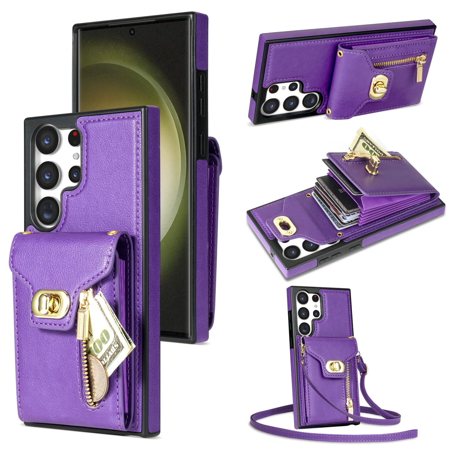 For Samsung Galaxy S24 Ultra Leather Coated TPU Cover Zipper Pocket Card Slots Phone Case with Kickstand - Purple