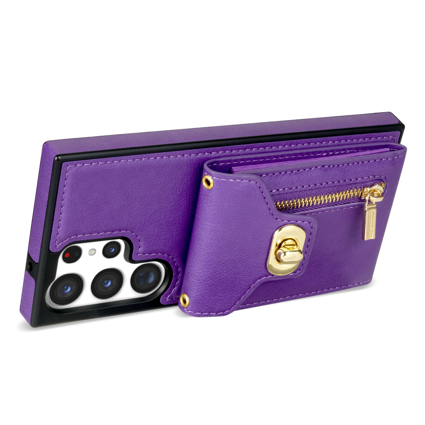 For Samsung Galaxy S24 Ultra Leather Coated TPU Cover Zipper Pocket Card Slots Phone Case with Kickstand - Purple