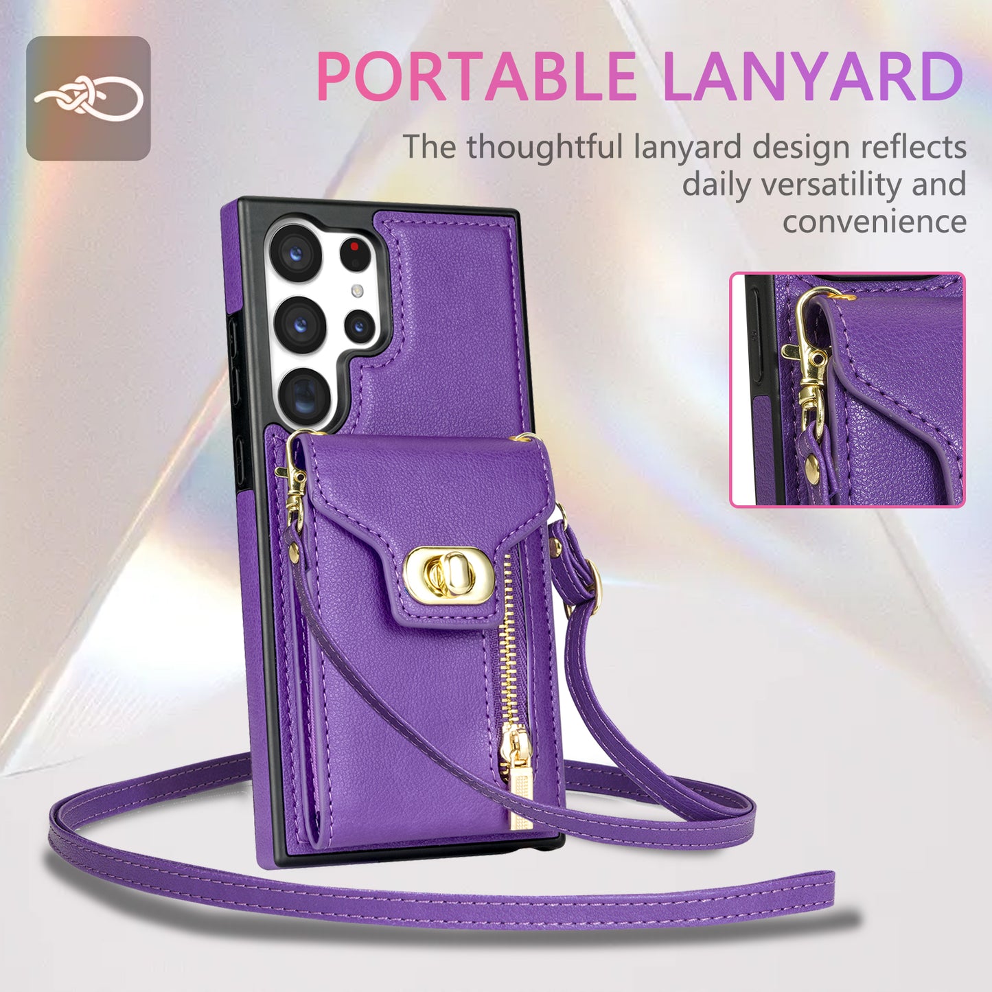 For Samsung Galaxy S24 Ultra Leather Coated TPU Cover Zipper Pocket Card Slots Phone Case with Kickstand - Purple
