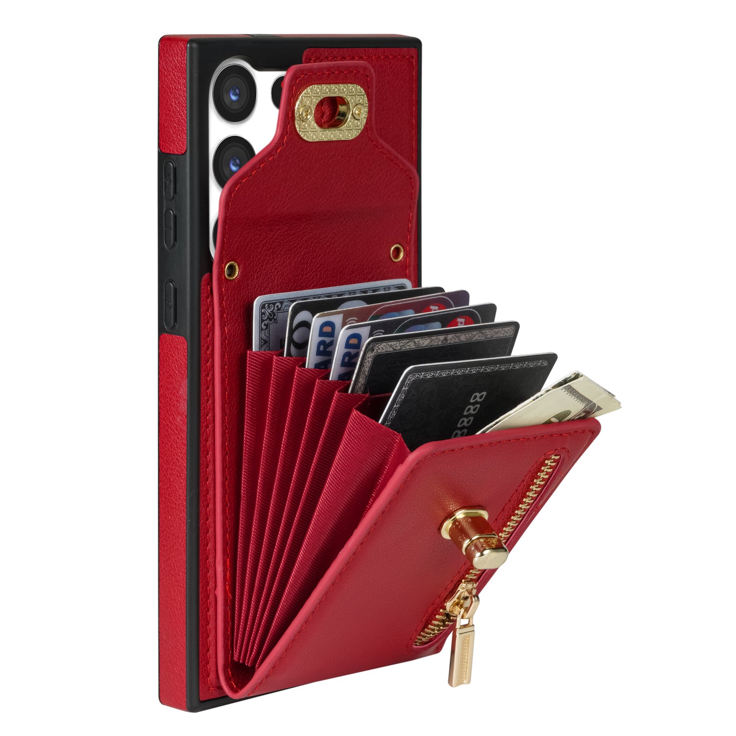 For Samsung Galaxy S24 Ultra Leather Coated TPU Cover Zipper Pocket Card Slots Phone Case with Kickstand - Red